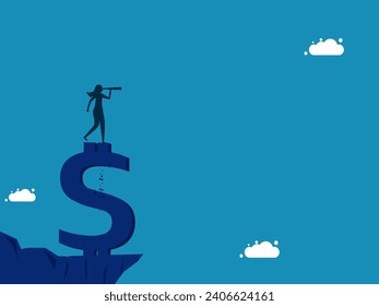 Financial forecasts. woman looking at binoculars on Money Mountain 