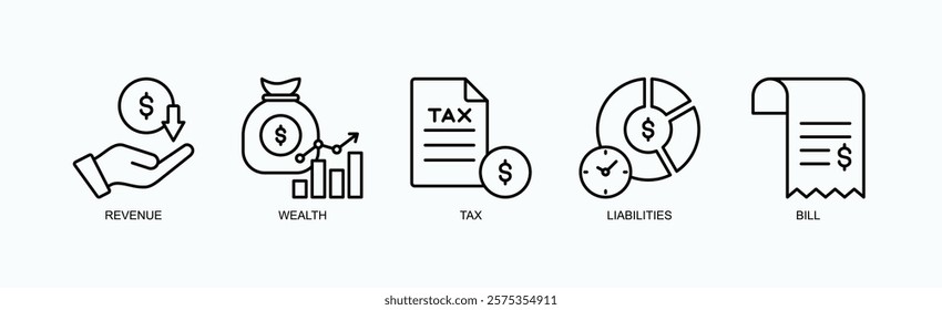 Financial Foundations Icon Set Isolated Vector With Icon Of Revenue, Wealth, Tax, Liabilities, Bill In Outline Style