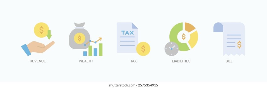 Financial Foundations Icon Set Isolated Vector With Icon Of Revenue, Wealth, Tax, Liabilities, Bill In Flat Style