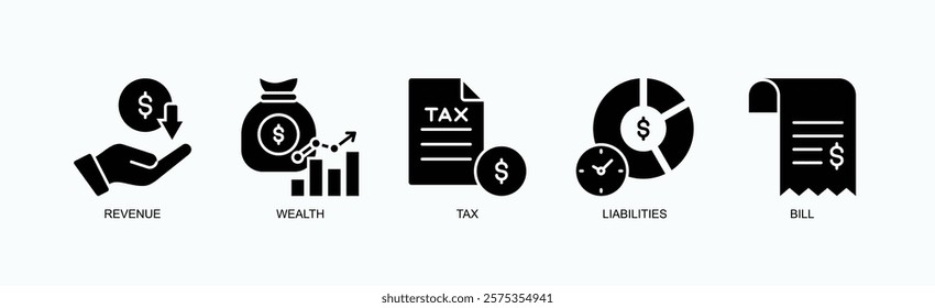 Financial Foundations Icon Set Isolated Vector With Icon Of Revenue, Wealth, Tax, Liabilities, Bill In Glyph Style