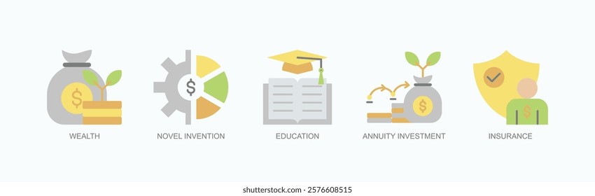 Financial Foundations Icon Set Isolated Vector With Icon Of Wealth, Novel Invention, Education, Annuity Investment, Insurance In Flat Style