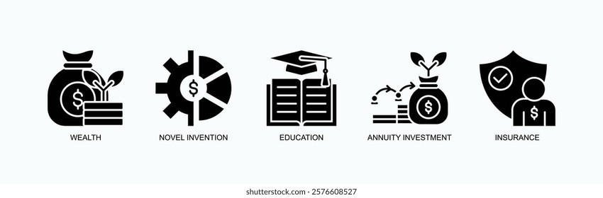 Financial Foundations Icon Set Isolated Vector With Icon Of Wealth, Novel Invention, Education, Annuity Investment, Insurance In Glyph Style