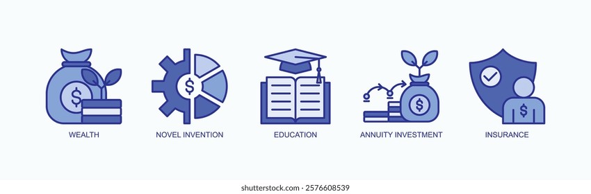 Financial Foundations Icon Set Isolated Vector With Icon Of Wealth, Novel Invention, Education, Annuity Investment, Insurance In Blue Style