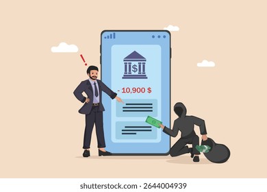 Financial Fraud Alert: Man Discovering Stolen Money from Online Banking App, Highlighting Cybersecurity Risks and Bank Account Theft.