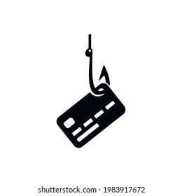 Fraude financiero. Un ataque de hackers a una tarjeta bancaria. Delito cibernético. Hackeando una cuenta bancaria. La tarjeta bancaria está en el anzuelo. Icono de vector sólido aislado en un fondo blanco.