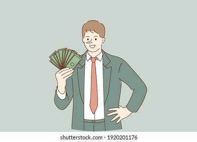 Financial fraud, making money on deception concept.Smiling liar businessman cartoon character standing holding heap of dollars in hand vector illustration 