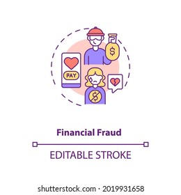 Financial fraud on dating website concept icon. Fake love feelings for being rich idea thin line illustration. Hackers victim, brokenhearted vector isolated outline RGB color drawing. Editable stroke