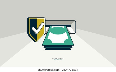 Financial fraud protection concept poster, money stack withdrawal from ATM secured by shield vector icon style illustration, safe banking, protected credit card.