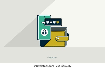 Financial fraud protection e-wallet concept poster, secured payments using electronic wallet online metaphor, two-step verification from sms code, vector icon style illustration.