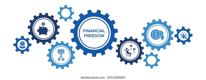 Financial Freedom Banner Vector Concept Featuring Icons for Saving, Investments, Debt Elimination, and Passive Income Planning