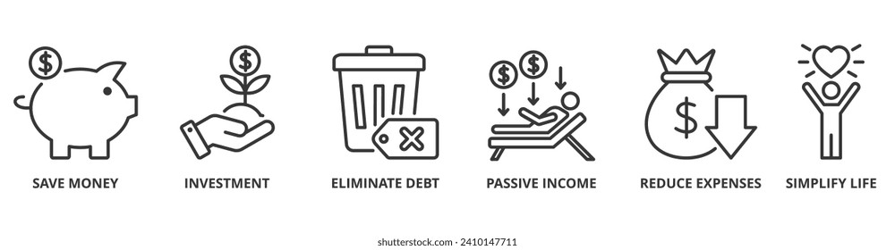 Banner der finanziellen Freiheit Web-Ikone Vektorgrafik Konzept mit Symbol des sparen Geld, Investitionen, Beseitigung von Schulden, passives Einkommen, Reduzierung von Ausgaben, Vereinfachung Leben