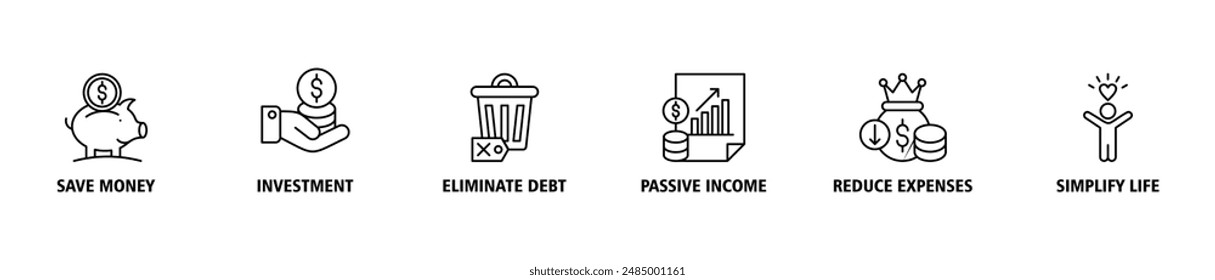 Financial freedom banner web icon set vector illustration symbol concept with icon of save money, investment, eliminate debt, passive income, reduce expenses, simplify life