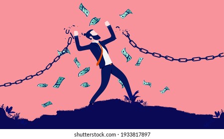 Financial freedom businessman - Man breaking chains to escape poverty and money raining from the sky. Rich, wealth and motivational concept. Vector illustration.