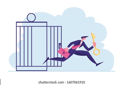 Financial Freedom Concept. Businessman with Golden Key Get Out of Metal Cage. Business Man Escape Limitations Having Creative Solution for Finance Success Achievement. Cartoon Flat Vector Illustration