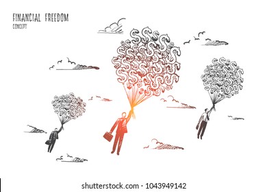 Financial freedom concept. Hand drawn businessmen flying with a lot of dollars. Money gives fill of freedom isolated vector illustration.