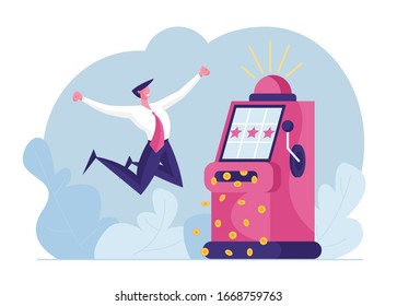 Financial Freedom Concept. Happy Young Man Screaming Super Excited Get Jackpot. Ecstatic Character Celebrate Success Under Money Rain Falling Down from Slot Machine. Cartoon Vector Illustration