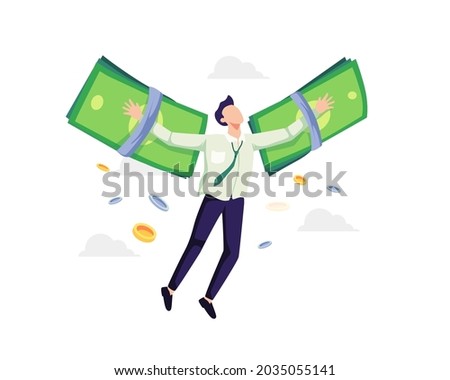 Financial freedom concept illustration. Businessman flying on money wings. Vector in a flat style