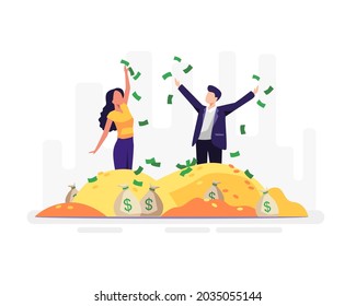 Financial freedom concept illustration. Women and men rejoice with the piles of money they have. Vector in a flat style