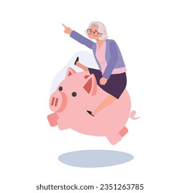 Concepto de libertad financiera. Joven anciana montando el banco. Ilustración de dibujos animados de vector plano