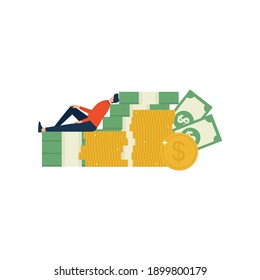 Financial Freedom Concept, Man Chilling On Stack Of Money