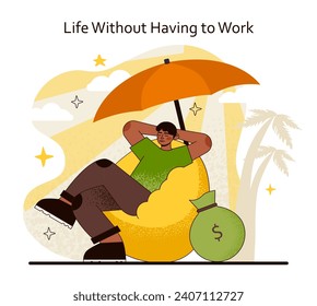 Financial Freedom concept. Relishing a work-free life under the security of savings and investments. The ease of economic independence. Flat vector illustration.