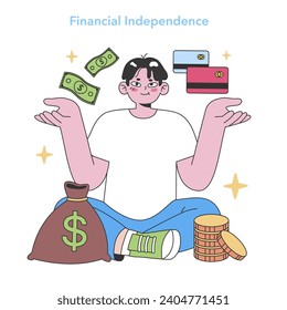 Financial freedom. Content individual balances cash and cards, embodying economic self-sufficiency. Wealth and budget control. Flat vector illustration