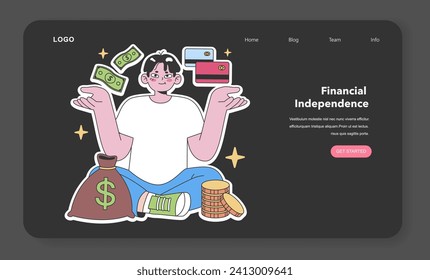 Financial freedom. Content individual balances cash and cards, embodying economic self-sufficiency. Wealth and budget control. Flat vector illustration