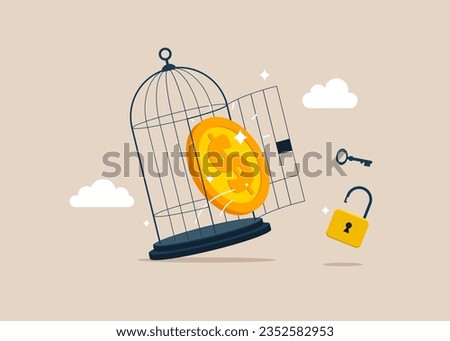 Financial freedom. Dollar with key free himself from cage. Modern vector illustration in flat style 