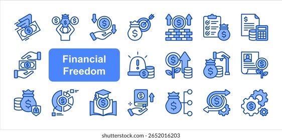 Liberdade financeira conjunto de ícone de traço editável, com independência financeira, Renda passiva, Metas financeiras, Construção de riqueza, Planejamento financeiro, Orçamento, Plano de poupança, Fundo de emergência.
