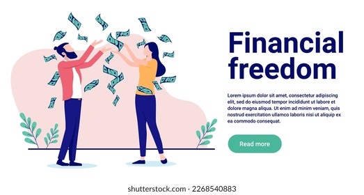 Financial freedom - Happy couple making money celebrating and being happy. Flat design vector illustration with copy space for text and white background