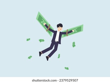 Financial freedom, happy person flying with wings made of money, vector illustration.