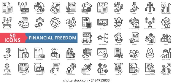 Financial freedom icon collection set. Containing capital, investment, saving, retirement, asset, budget, wealth icon. Simple line vector.