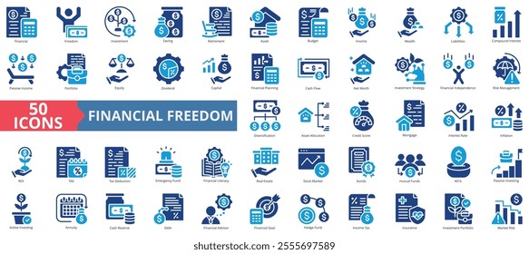 Financial freedom icon collection set. Containing capital, investment, saving, retirement, asset, budget, wealth icon. Simple flat vector.