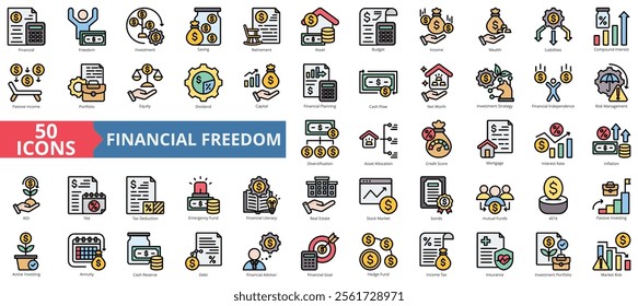 Financial freedom icon collection set. Containing capital, investment, saving, retirement, asset, budget, wealth icon. Simple flat outline vector illustration