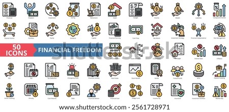 Financial freedom icon collection set. Containing capital, investment, saving, retirement, asset, budget, wealth icon. Simple flat outline vector illustration