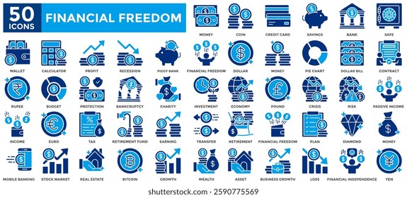 Financial Freedom icon collection set.Containing asset, investment, passive income, money, wealth, profit, savings, income, earning icon.Simple flat vector illustration
