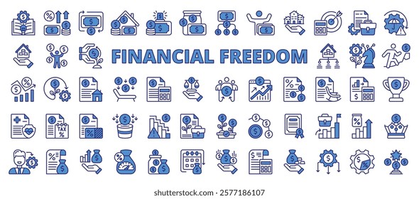 Financial freedom, icon in line design, blue. Financial freedom, wealth, independence, money, investment, savings, success on white background vector. Financial freedom editable stroke icons