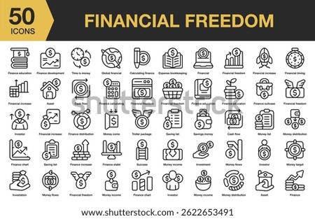 Financial Freedom icon set. Includes finance, money, freedom, investment, financial, and More. Outline icons vector collection.