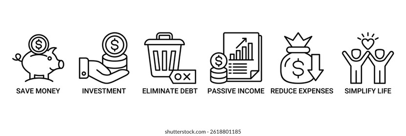 Financial freedom icon set. Vector illustration concept with icon of save money, investment, eliminate debt, passive income, reduce expenses, simplify life icons. Outline symbol background.