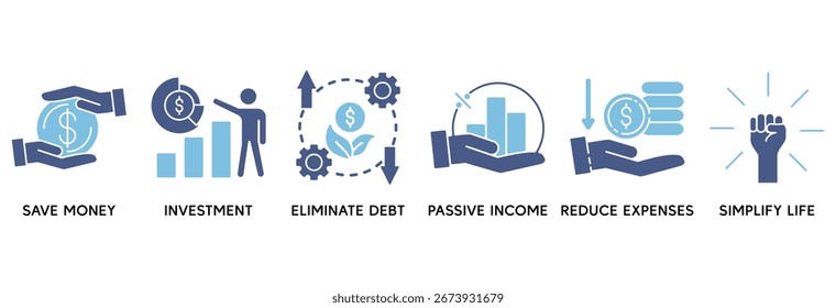 Concepto de Ilustración vectorial de conjunto de iconos de libertad financiera se relaciona con el Ahorra dinero, la inversión, eliminar la deuda, los ingresos pasivos, reducir los gastos, simplificar la vida