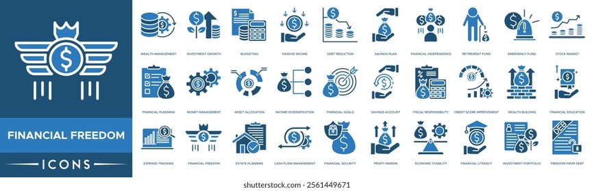 Financial freedom Icon. Wealth Management, Investment Growth, Budgeting, Passive Income and Debt Reduction