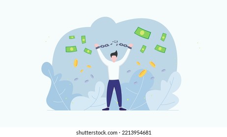 financial freedom illustration flat design man break a chain handcuff money and coin