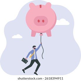 Financial freedom or financial independence concept, wealthy rich businessman floating high in the sky with a piggy bank balloon.
