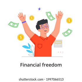 Financial freedom or Financial independence concept with with a young happy man scattering money. Outline minimal style flat cartoon vector illustration isolated on white background. Abstract metaphor