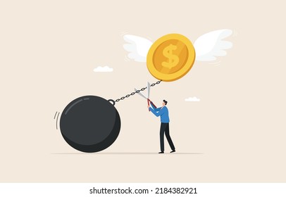 Financial freedom or independence. 
Pay off debt. solve financial problems. Businessman cutting a chain
release money coin frying into the sky.