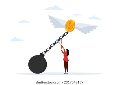 Financial freedom or independence. Pay off debts. solve financial problems. Businessman cutting the chain releasing fried money coins into the sky. vector illustration on a white background.