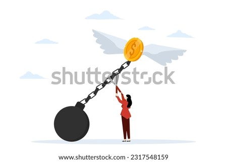 Financial freedom or independence. Pay off debts. solve financial problems. Businessman cutting the chain releasing fried money coins into the sky. vector illustration on a white background.