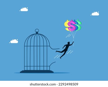 Financial freedom and the inflation trap. man escapes from prison with money balloon