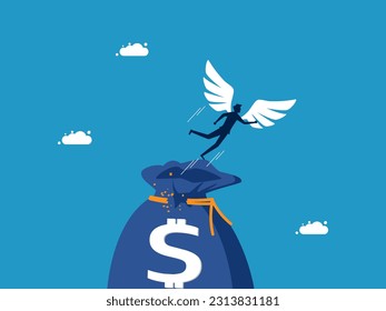 Financial freedom and investment. man with angel wings flying out of money bag