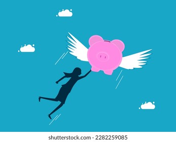Financial freedom and investment. Woman flying with a piggy bank. business and investment concept 